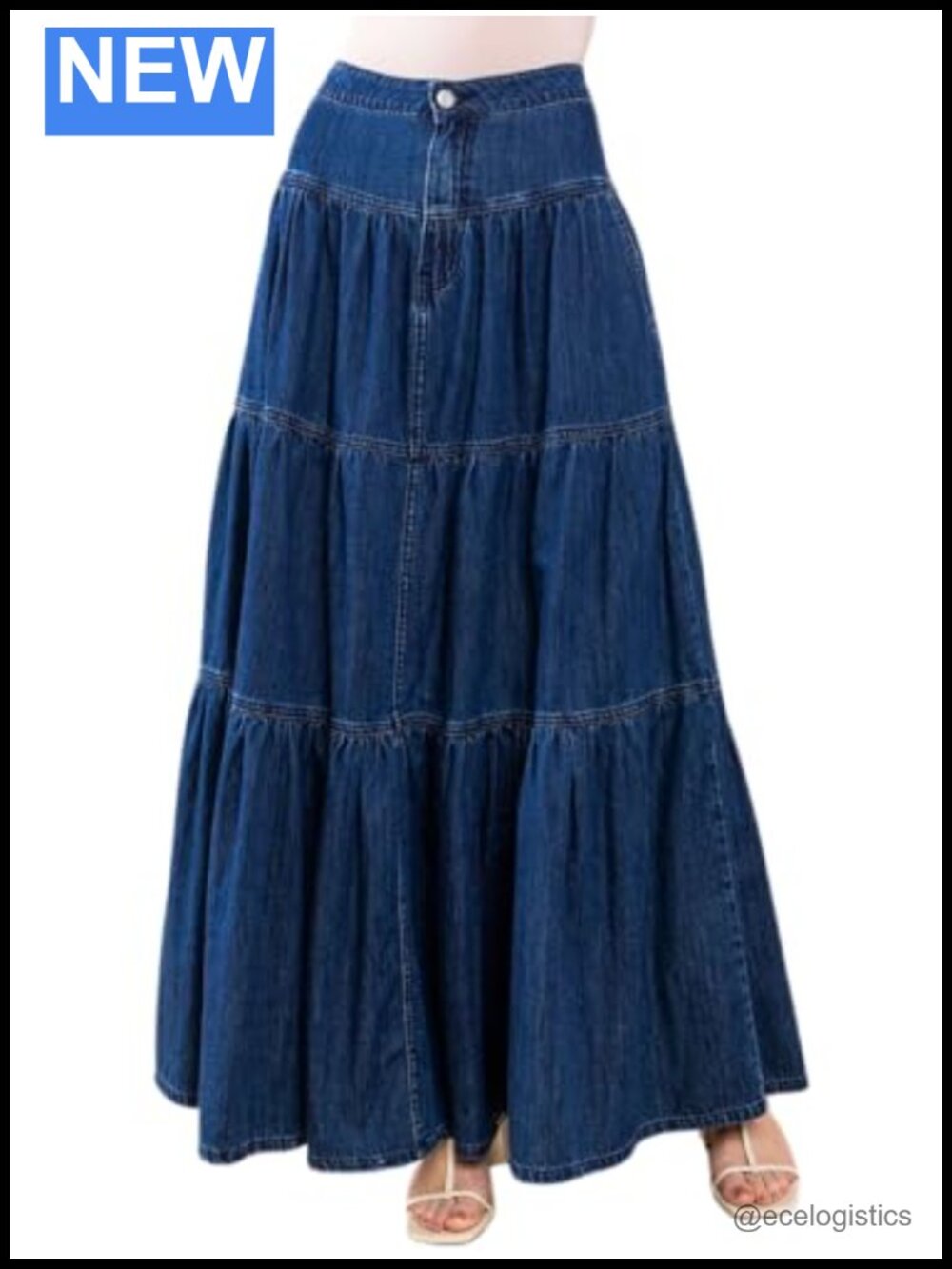 Vintage High Waist Pleated Tiered Maxi Denim Skirt with Pockets A-Line Flowy
